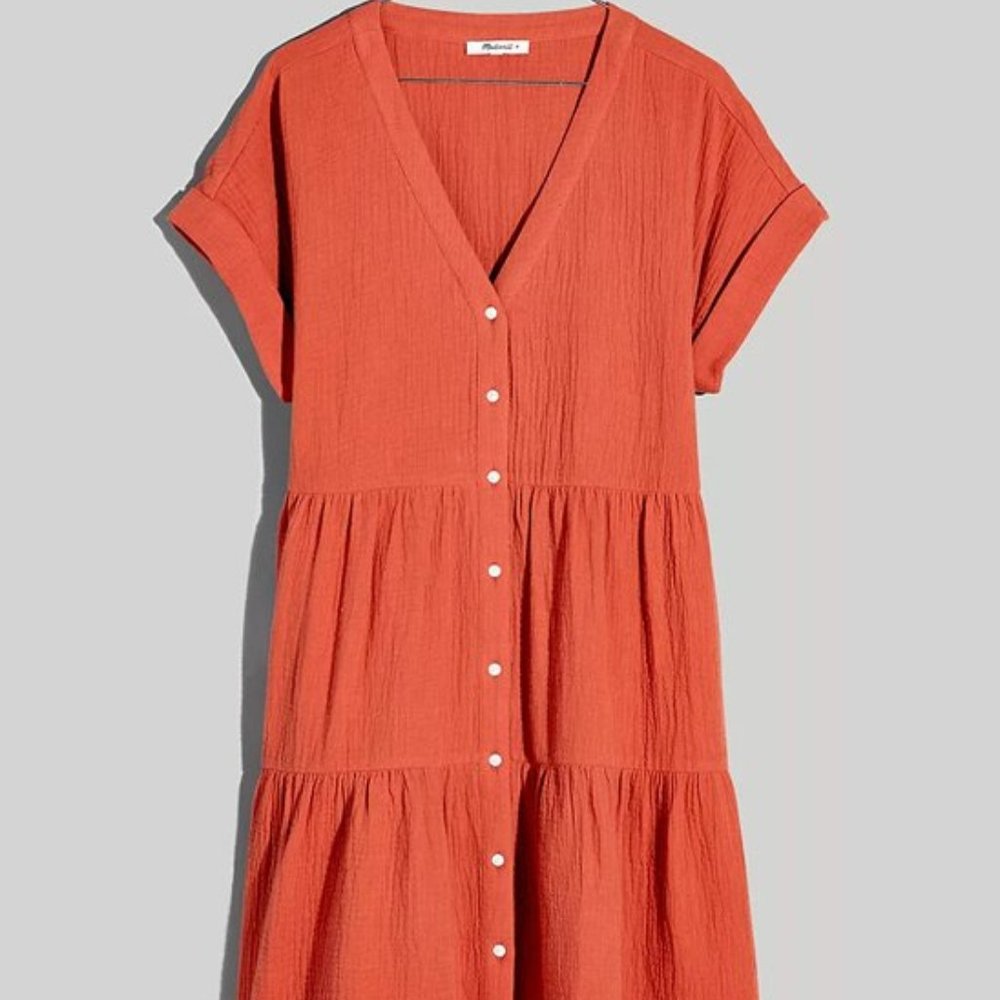 MADEWELL LIGHTSPUN CUFF-SLEEVE BUTTON-FRONT TIERED MINI DRESS Item #NK41 XL